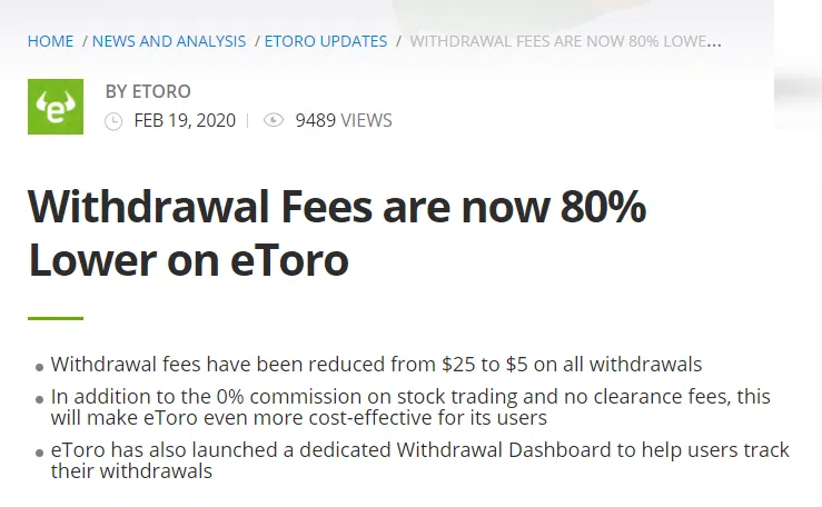 eToro Withdrawal Fees